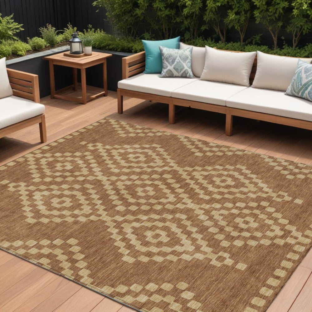 HomeRoots 5' Stylish Brown and Beige Geometric Area Rug - Durable, Washable, Perfect for Indoor and Outdoor Use 10' X 14' 592652