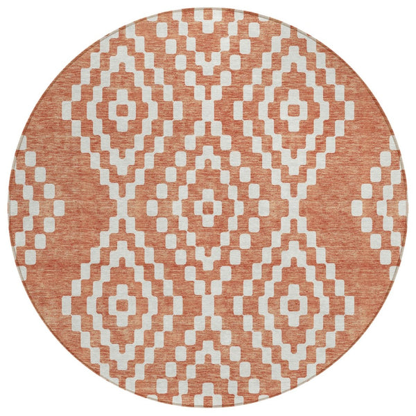 HomeRoots 5' Salmon and Ivory Geometric Area Rug - Stylish, Washable, Durable for Indoor and Outdoor Spaces 8' Round 592655