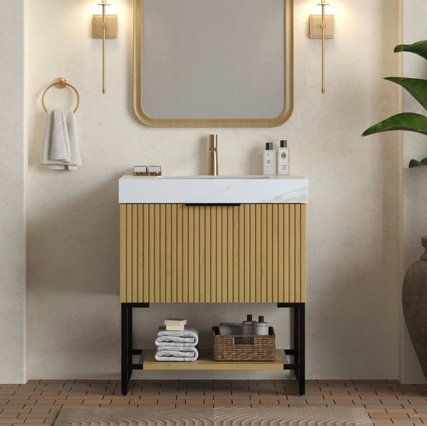 English Elm Yolan 30 Inch Freestanding Bathroom Vanity Plywood Cabinet Sintered Stone Top Oak Finish Black,Carrara White,Golden Oak W2615S00650