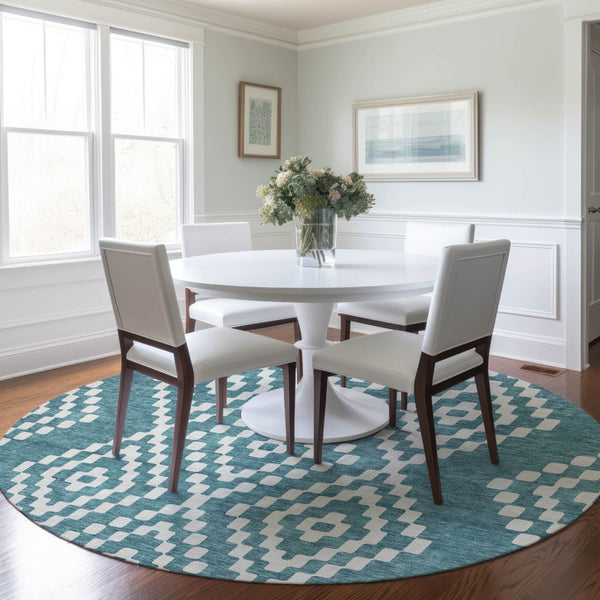 Homeroots 3' Artichoke Green Geometric Washable Indoor Outdoor Area Rug For Stylish Living Spaces & Patios 8' Round Polyester 592667