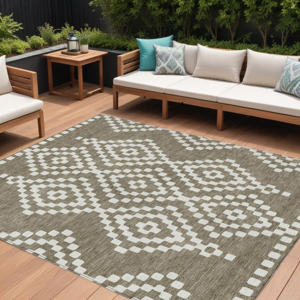 HomeRoots 9' Taupe and Ivory Geometric Washable Area Rug for Indoor and Outdoor Spaces - Durable and Stylish 9' X 12' 592675