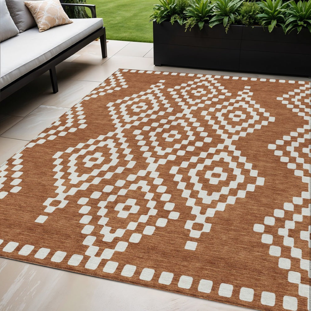 HomeRoots 5' Terra Cotta and Ivory Geometric Indoor Outdoor Area Rug - Durable, Stylish, and Washable Design 5' X 8' 592678