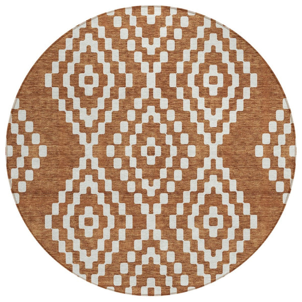 HomeRoots 5' Terra Cotta and Ivory Geometric Indoor Outdoor Area Rug - Durable, Stylish, and Washable Design 8' Round 592679