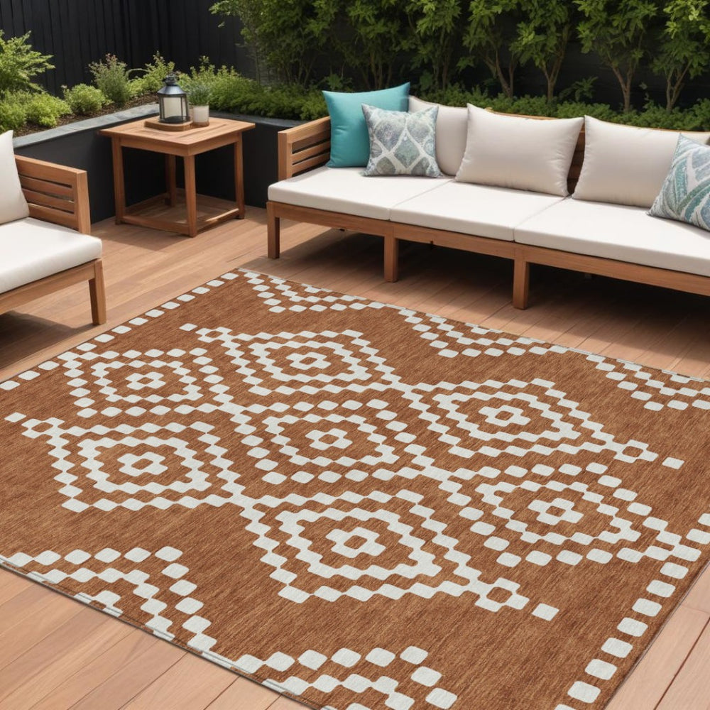 HomeRoots 9' Terra Cotta and Ivory Geometric Indoor Outdoor Area Rug - Stylish, Durable, Machine Washable Design 9' X 12' 592681