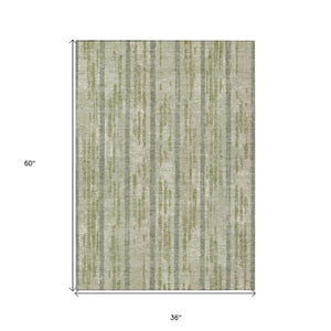 Homeroots 3' Artichoke Green Gray Ivory Striped Washable Area Rug For Indoor Outdoor Use, Durable & Stylish 3' X 5' Polyester 592683