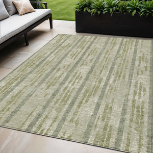 Homeroots 3' Artichoke Green Gray Ivory Striped Washable Area Rug For Indoor Outdoor Use, Durable & Stylish 5' X 8' Polyester 592684