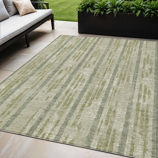 Homeroots 3' Artichoke Green Gray Ivory Striped Washable Area Rug For Indoor Outdoor Use, Durable & Stylish 5' X 8' Polyester 592684