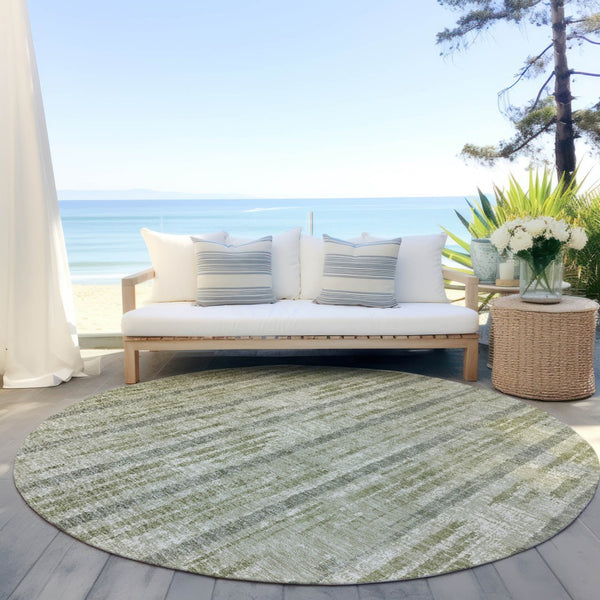 Homeroots 3' Artichoke Green Gray Ivory Striped Washable Area Rug For Indoor Outdoor Use, Durable & Stylish 8' Round Polyester 592685
