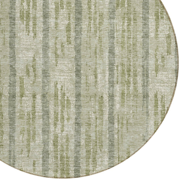 Homeroots 3' Artichoke Green Gray Ivory Striped Washable Area Rug For Indoor Outdoor Use, Durable & Stylish 8' Round Polyester 592685