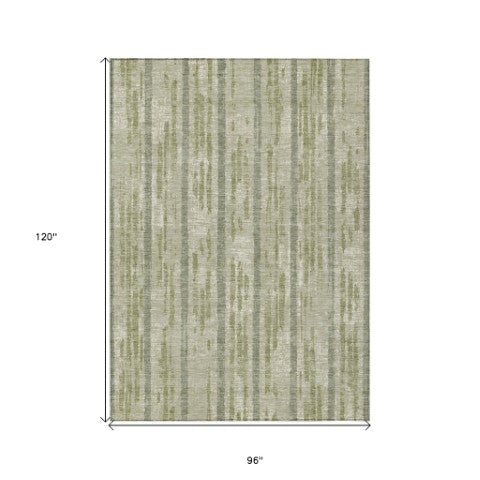 Homeroots 3' Artichoke Green Gray Ivory Striped Washable Area Rug For Indoor Outdoor Use, Durable & Stylish 8' X 10' Polyester 592686