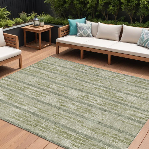 Homeroots 3' Artichoke Green Gray Ivory Striped Washable Area Rug For Indoor Outdoor Use, Durable & Stylish 8' X 10' Polyester 592686