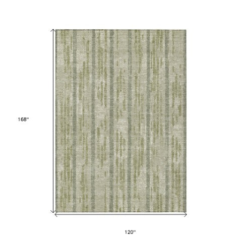 Homeroots 3' Artichoke Green Gray Ivory Striped Washable Area Rug For Indoor Outdoor Use, Durable & Stylish 10' X 14' Polyester 592688