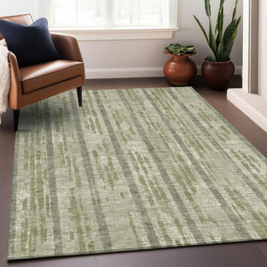 Homeroots 3' Artichoke Green Gray Ivory Striped Washable Area Rug For Indoor Outdoor Use, Durable & Stylish 10' X 14' Polyester 592688