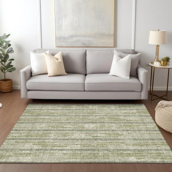 Homeroots 3' Artichoke Green Gray Ivory Striped Washable Area Rug For Indoor Outdoor Use, Durable & Stylish 10' X 14' Polyester 592688