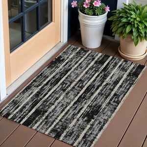 Homeroots 3' Artichoke Green Gray Ivory Striped Washable Area Rug For Indoor Outdoor Use, Durable & Stylish 3' X 5' Polyester 592689