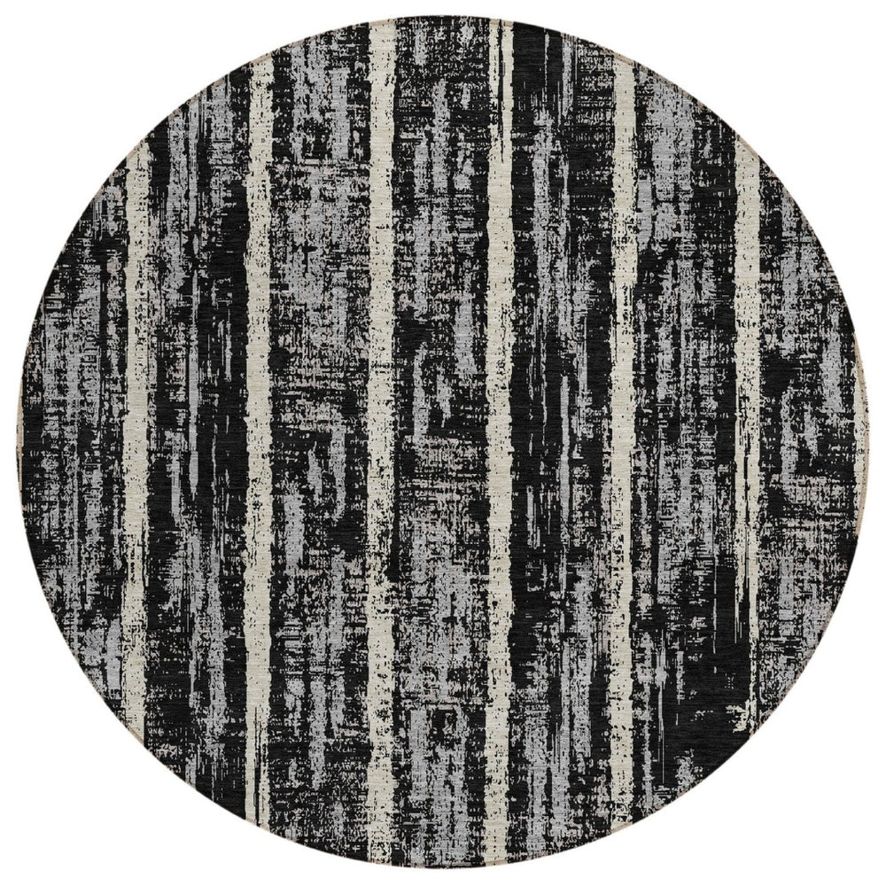 HomeRoots 5' Stylish Black Gray and Ivory Striped Washable Area Rug for Indoor and Outdoor Living Spaces 8' Round 592691