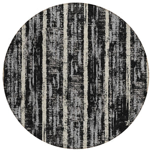 HomeRoots 5' Stylish Black Gray and Ivory Striped Washable Area Rug for Indoor and Outdoor Living Spaces 8' Round 592691