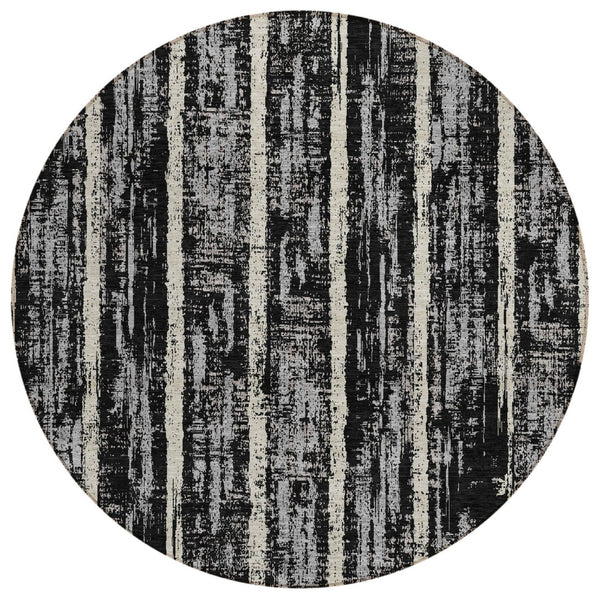 HomeRoots 5' Stylish Black Gray and Ivory Striped Washable Area Rug for Indoor and Outdoor Living Spaces 8' Round 592691