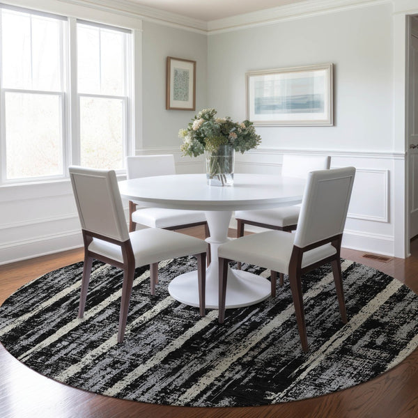 Homeroots 3' Artichoke Green Gray Ivory Striped Washable Area Rug For Indoor Outdoor Use, Durable & Stylish 8' Round Polyester 592691