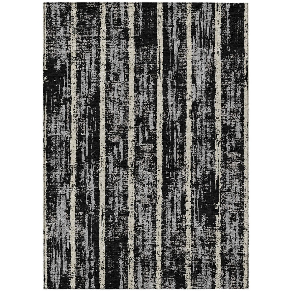HomeRoots 9' Stylish Black Gray and Ivory Striped Washable Area Rug for Indoor and Outdoor Durability 9' X 12' 592693
