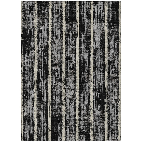 HomeRoots 5' Stylish Black Gray and Ivory Striped Washable Area Rug for Indoor and Outdoor Living Spaces 10' X 14' 592694