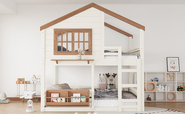 English Elm Full Bunk Bed with Trundle Bookshelf Storage Pine Frame Car Design for Kids Beige W1580S00523