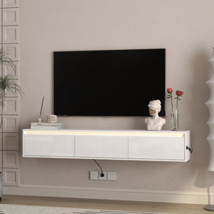 English Elm Floating Wall Mounted Tv Shelf with Led Lighting Power Outlets Gloss White Media Storage W1321P351899