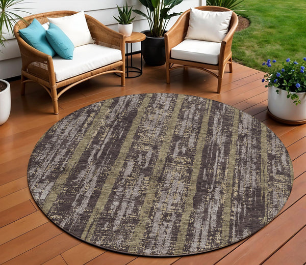 Homeroots 3' Artichoke Green Gray Ivory Striped Washable Area Rug For Indoor Outdoor Use, Durable & Stylish 8' Round Polyester 592709