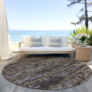 Homeroots 3' Artichoke Green Gray Ivory Striped Washable Area Rug For Indoor Outdoor Use, Durable & Stylish 8' Round Polyester 592709