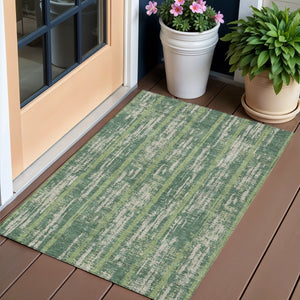 Homeroots 3' Artichoke Green Gray Ivory Striped Washable Area Rug For Indoor Outdoor Use, Durable & Stylish 3' X 5' Polyester 592713
