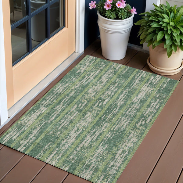 Homeroots 3' Artichoke Green Gray Ivory Striped Washable Area Rug For Indoor Outdoor Use, Durable & Stylish 3' X 5' Polyester 592713
