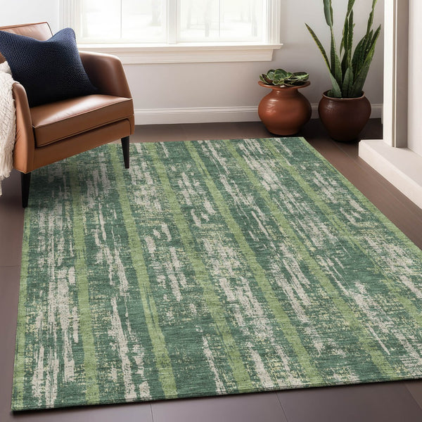 Homeroots 3' Artichoke Green Gray Ivory Striped Washable Area Rug For Indoor Outdoor Use, Durable & Stylish 3' X 5' Polyester 592713