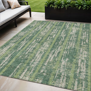 Homeroots 3' Artichoke Green Gray Ivory Striped Washable Area Rug For Indoor Outdoor Use, Durable & Stylish 5' X 8' Polyester 592714