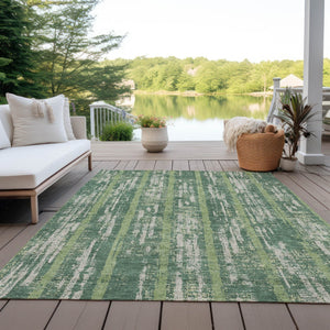 Homeroots 3' Artichoke Green Gray Ivory Striped Washable Area Rug For Indoor Outdoor Use, Durable & Stylish 5' X 8' Polyester 592714