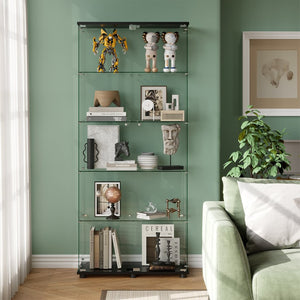 English Elm Glass Display Cabinet Five Tempered Shelves Lockable Doors Matte Black Living Room W3190S00002