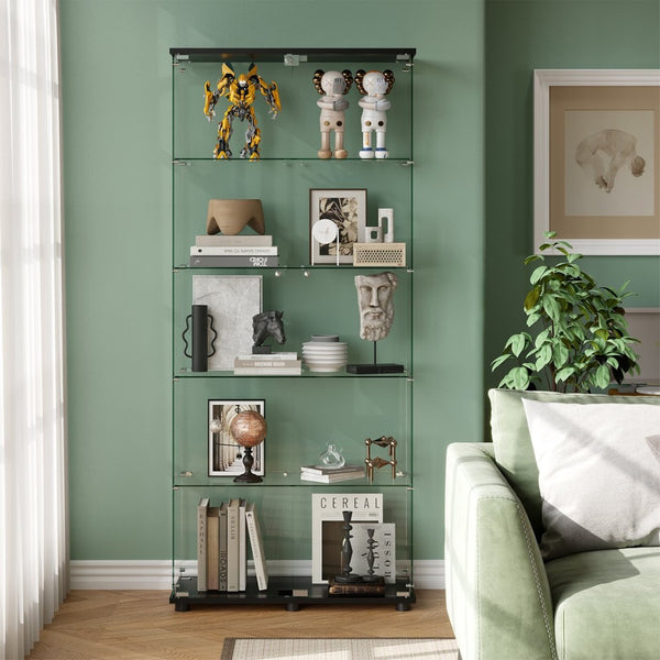English Elm Glass Display Cabinet Five Tempered Shelves Lockable Doors Matte Black Living Room W3190S00002