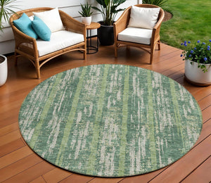 Homeroots 3' Artichoke Green Gray Ivory Striped Washable Area Rug For Indoor Outdoor Use, Durable & Stylish 8' Round Polyester 592715