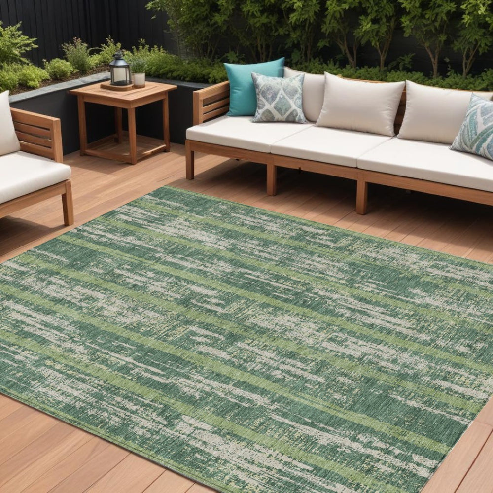 HomeRoots 9' Green and Ivory Striped Washable Area Rug - Stylish, Durable, Indoor/Outdoor Design for All Spaces 9' X 12' 592717