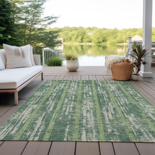 Homeroots 3' Artichoke Green Gray Ivory Striped Washable Area Rug For Indoor Outdoor Use, Durable & Stylish 9' X 12' Polyester 592717