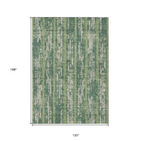 Homeroots 3' Artichoke Green Gray Ivory Striped Washable Area Rug For Indoor Outdoor Use, Durable & Stylish 10' X 14' Polyester 592718