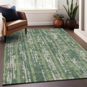Homeroots 3' Artichoke Green Gray Ivory Striped Washable Area Rug For Indoor Outdoor Use, Durable & Stylish 10' X 14' Polyester 592718