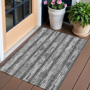 Homeroots 3' Artichoke Green Gray Ivory Striped Washable Area Rug For Indoor Outdoor Use, Durable & Stylish 3' X 5' Polyester 592725