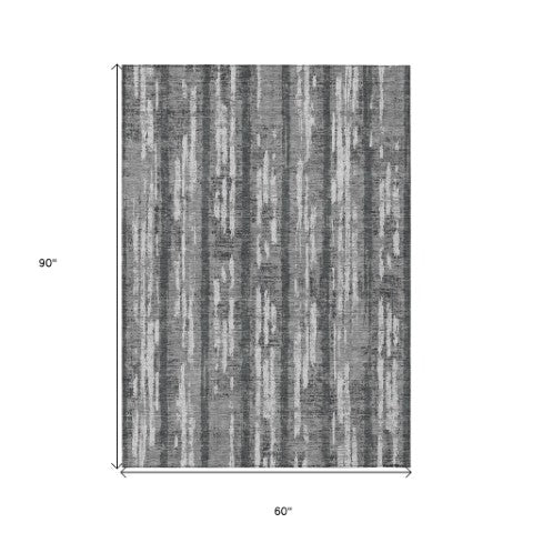 Homeroots 3' Artichoke Green Gray Ivory Striped Washable Area Rug For Indoor Outdoor Use, Durable & Stylish 5' X 8' Polyester 592726