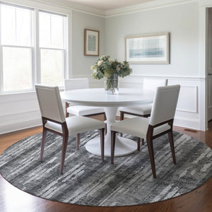 Homeroots 3' Artichoke Green Gray Ivory Striped Washable Area Rug For Indoor Outdoor Use, Durable & Stylish 8' Round Polyester 592727