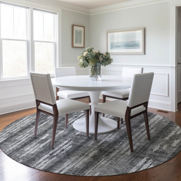 Homeroots 3' Artichoke Green Gray Ivory Striped Washable Area Rug For Indoor Outdoor Use, Durable & Stylish 8' Round Polyester 592727