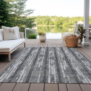 Homeroots 3' Artichoke Green Gray Ivory Striped Washable Area Rug For Indoor Outdoor Use, Durable & Stylish 9' X 12' Polyester 592729