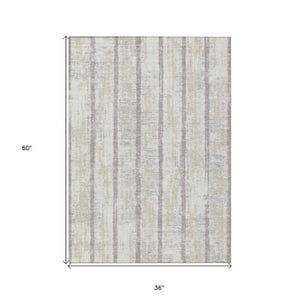 Homeroots 3' Artichoke Green Gray Ivory Striped Washable Area Rug For Indoor Outdoor Use, Durable & Stylish 3' X 5' Polyester 592731