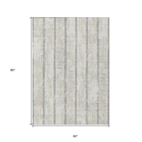 Homeroots 3' Artichoke Green Gray Ivory Striped Washable Area Rug For Indoor Outdoor Use, Durable & Stylish 5' X 8' Polyester 592732