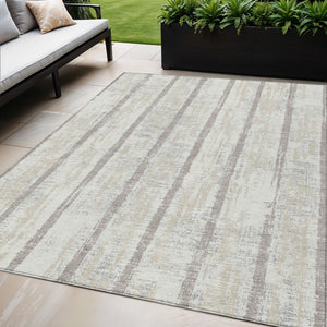 Homeroots 3' Artichoke Green Gray Ivory Striped Washable Area Rug For Indoor Outdoor Use, Durable & Stylish 5' X 8' Polyester 592732