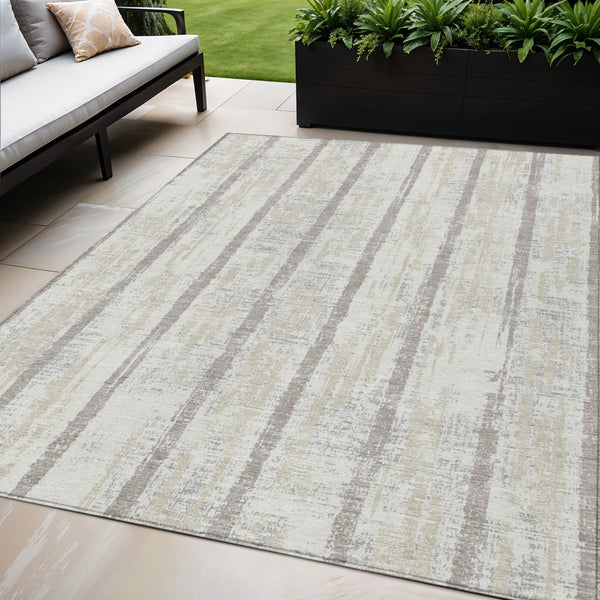 Homeroots 3' Artichoke Green Gray Ivory Striped Washable Area Rug For Indoor Outdoor Use, Durable & Stylish 5' X 8' Polyester 592732